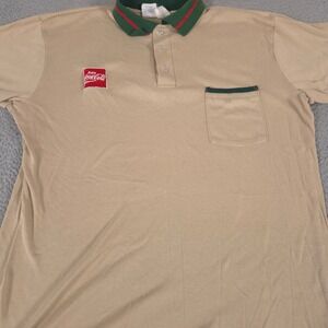 VINTAGE Unitog Polo Shirt Mens L Tan Coca-Cola Patch Cotton Blend Pocket 80s